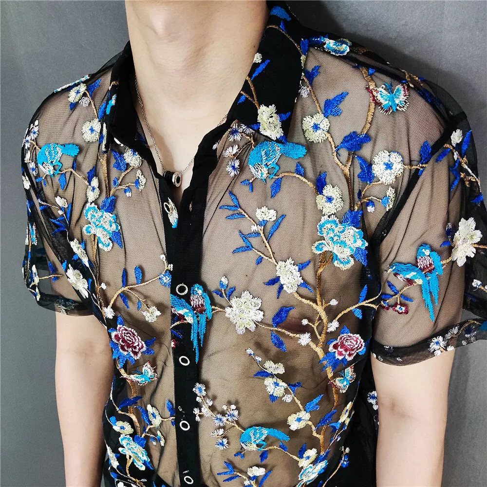 

Summer Short Sleeve Shirt Flower Birds Shirt Embroidery See Through Sexy Shirt 2022 Luxe Mesh Transparent Shirt Chemise Homme