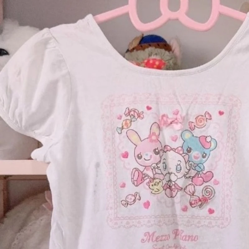 اليابانية Kawaii الكرتون تي شيرت مطبوع Harajuku عادية فضفاض نفخة كم بلايز 2025 الصيف المرأة لطيف الجرونج تكدرت القمم #2