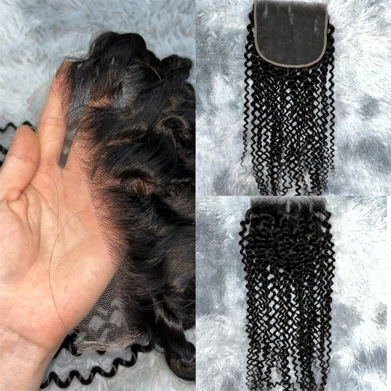 Brazilian Kinky Curly 4x4 Lace penutupan pre-plecked warna alami Remy rambut 10-18 inci Full End transparan Swiss renda