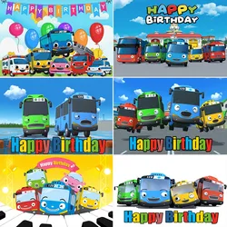 Cartoon The Tayoes Little Bus Theme Kid Birthday Party Boys Newborn Kid 1st Background Toy Bus Station Banner Photo Studio Props