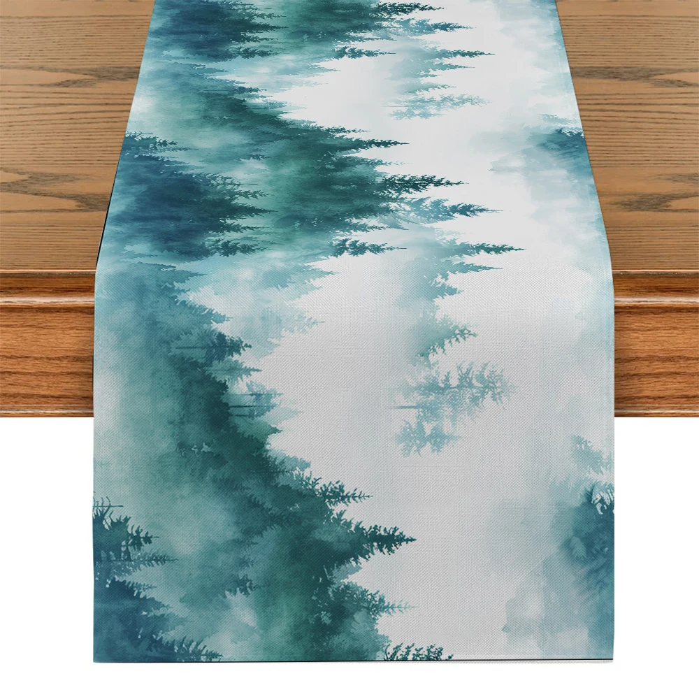 Watercolor Pine Forest Mountain Table Runners Washable Dresser Dining Coffee Table Runner Wedding Holiday Party Decor