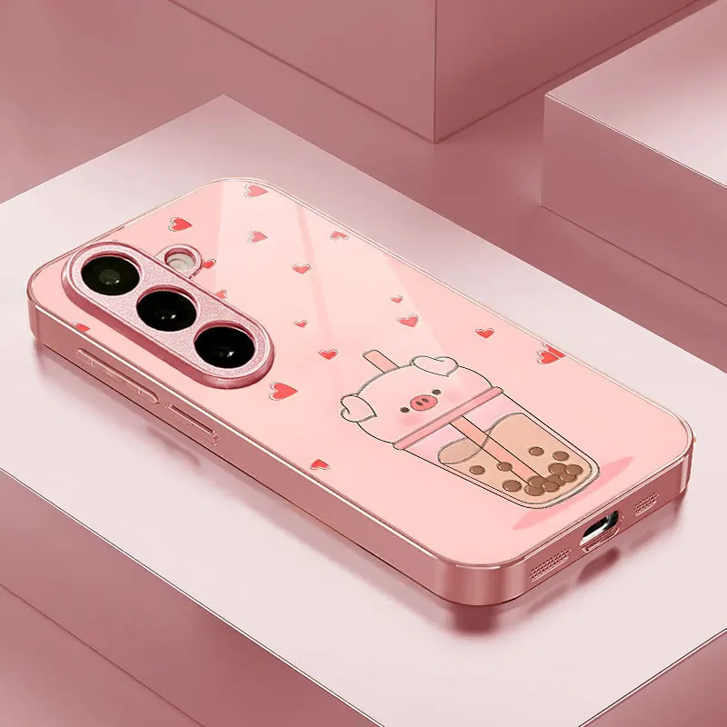 Cute Pig Bubble Tea Case for Samsung Galaxy S21 S22 S23 S24 S25 S26 Ultra Plus FE, Glossy Glass Cover