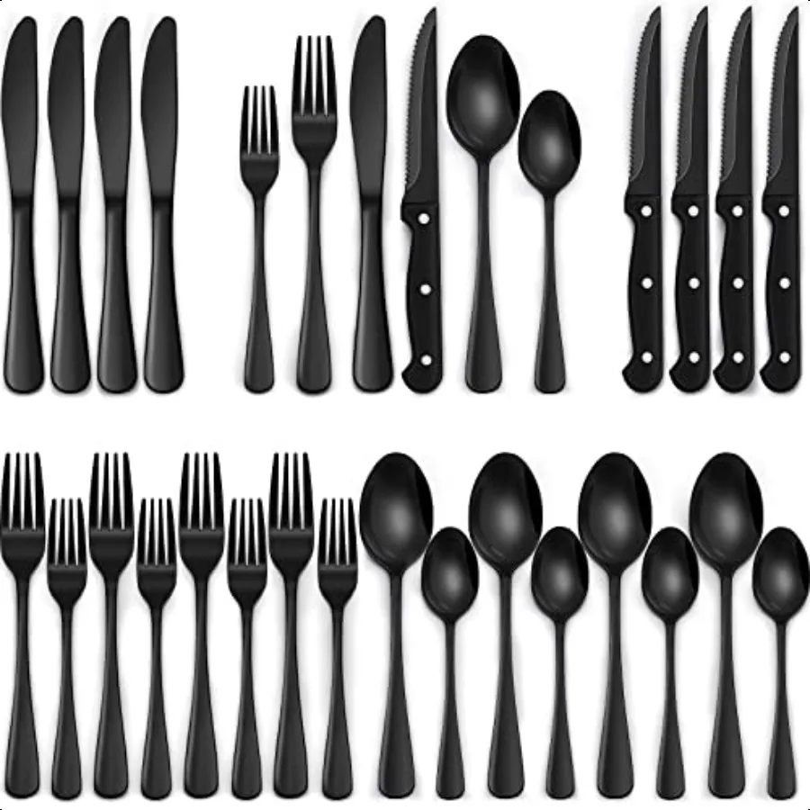 

24Piece Black Sierware Set with Steak Knives Flatware for 4 FoodGrade Stainl Steel Tableware Cutlery Set Mirror Finished Utensi