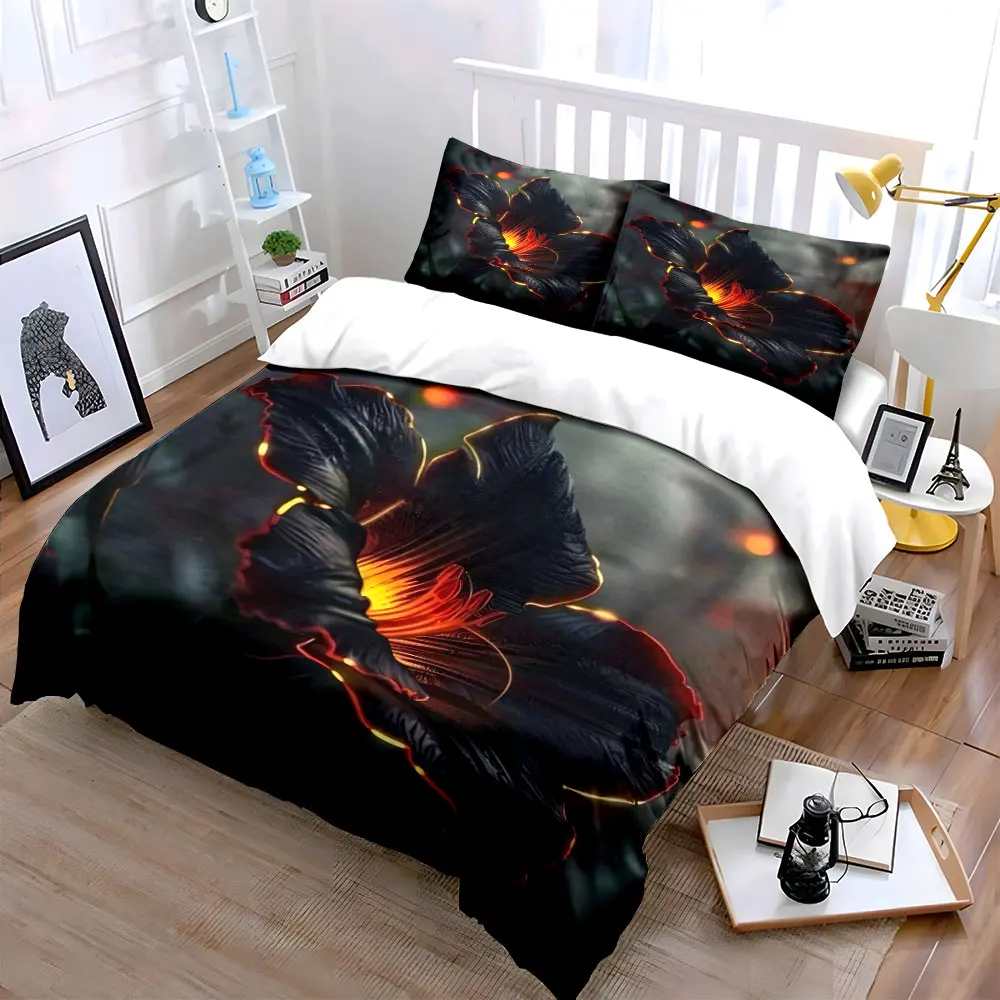 3Pcs Black Lily Bedding Set, Glowing Dark Flower Print Duvet Cover + 2 Pillowcases, Mystical Floral Decor