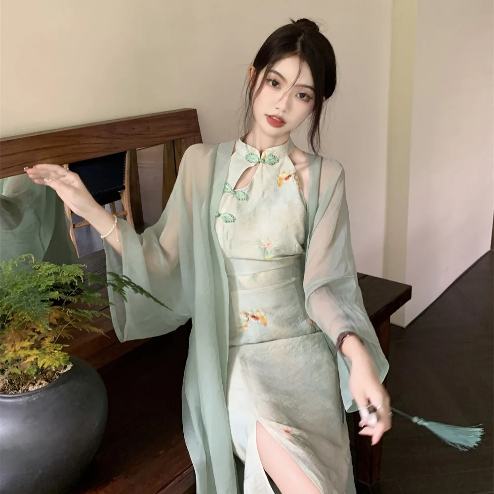 

Chinese Style Embroidered Dress Set Women's Long Coat Two-Piece Summer Outfit Korean Style Commute Fashion