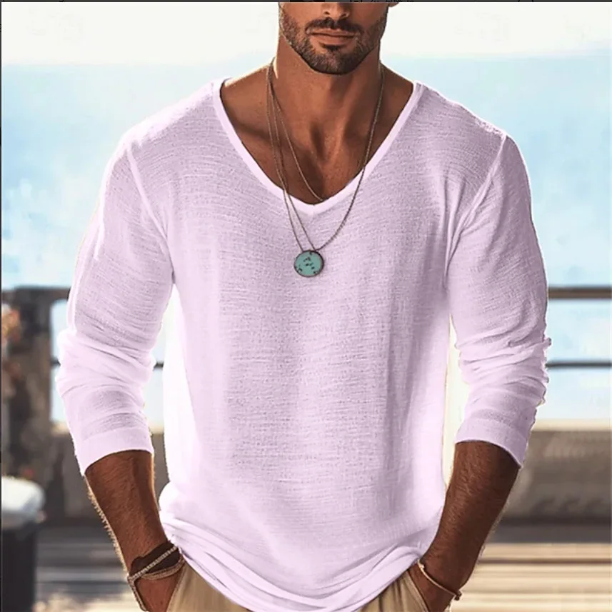 Herren-T-Shirt mit tiefem V-Ausschnitt und langen Ärmeln, locker geschnitten, einfarbig, ideal für den Alltag, das Büro, den Strand, den Urlaub und Freizeitaktivitäten im Freien. – Detail 6