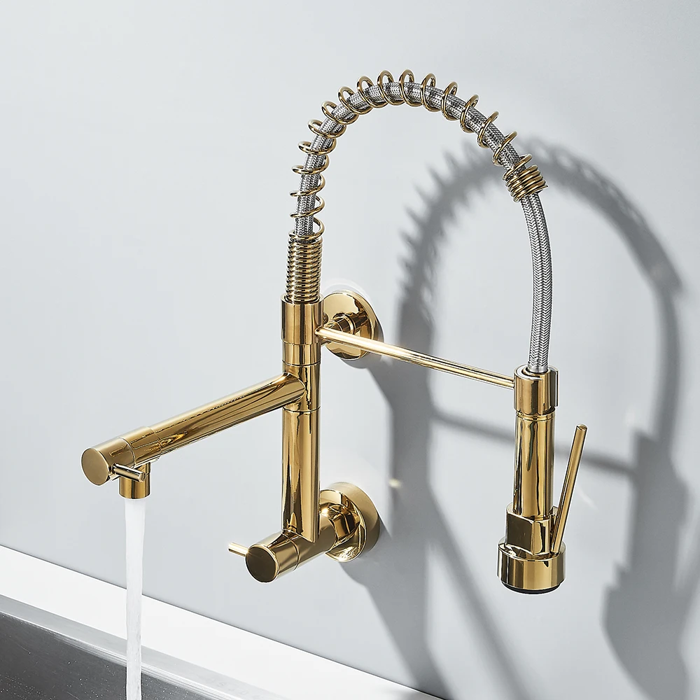 Uythner Pull Down Kitchen Faucet Wall Mounted Cold Water Tap Dual Swivel Spouts Kitchen Crane 360 Rotation Bathroom Kitchen Tap