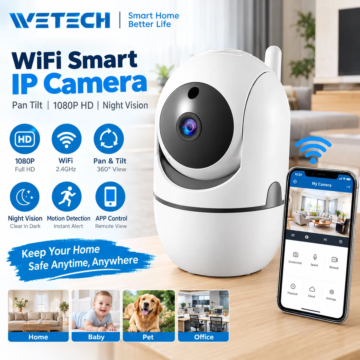 Telecamera IP WiFi 1080P con Funzione Pan-Tilt per Interni, Telecamera di Sicurezza Domestica con Rilevamento del Movimento, Visione Notturna e Visualizzazione Remota