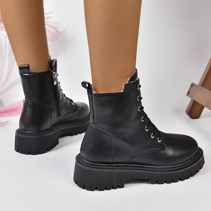 Winter Warm Short Plush Ankle Boots Women Fashion Zip Lace Up Platform Combat Boots Woman Comfy Low Heels Pu Leather Botas Mujer image 5
