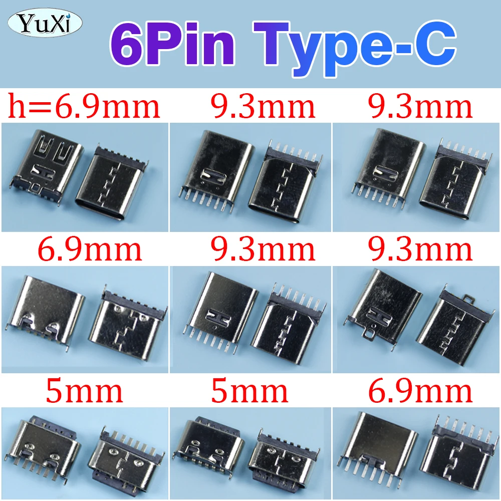 

10pcs USB Type-C 6P 6Pin 180 Degree Vertical Female Socket 5mm 6.9/9.3/10.5mm Straight Plug Fast Charge high-speed USB Connector