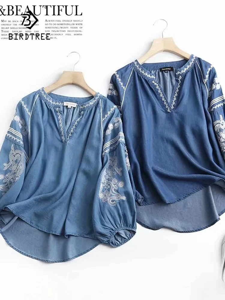 Reglan Lantern Sleeve Denim Shirts Women's Summer Soft Jeans Outer Wear Embroidered Casual Loose Blouses Drape Thin Top T37505JC