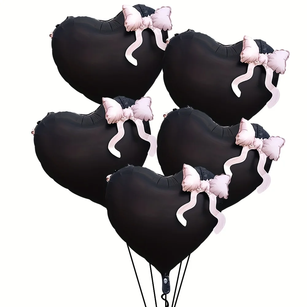 5 Stück 22 Zoll schwarze Herz-Luftballons mit Schleife Aluminiumfolienballon Hochzeit Geburtstag Foto Requisiten Valentinstag Party Dekoration
