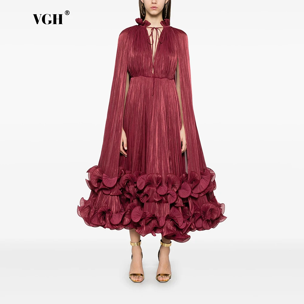 VGH Catwalk Patchwork Fungus Hem Dress for Women V Neck Cloak Sleeve High Waist Spliced Lace Up Chic Dresses Female Clothing New