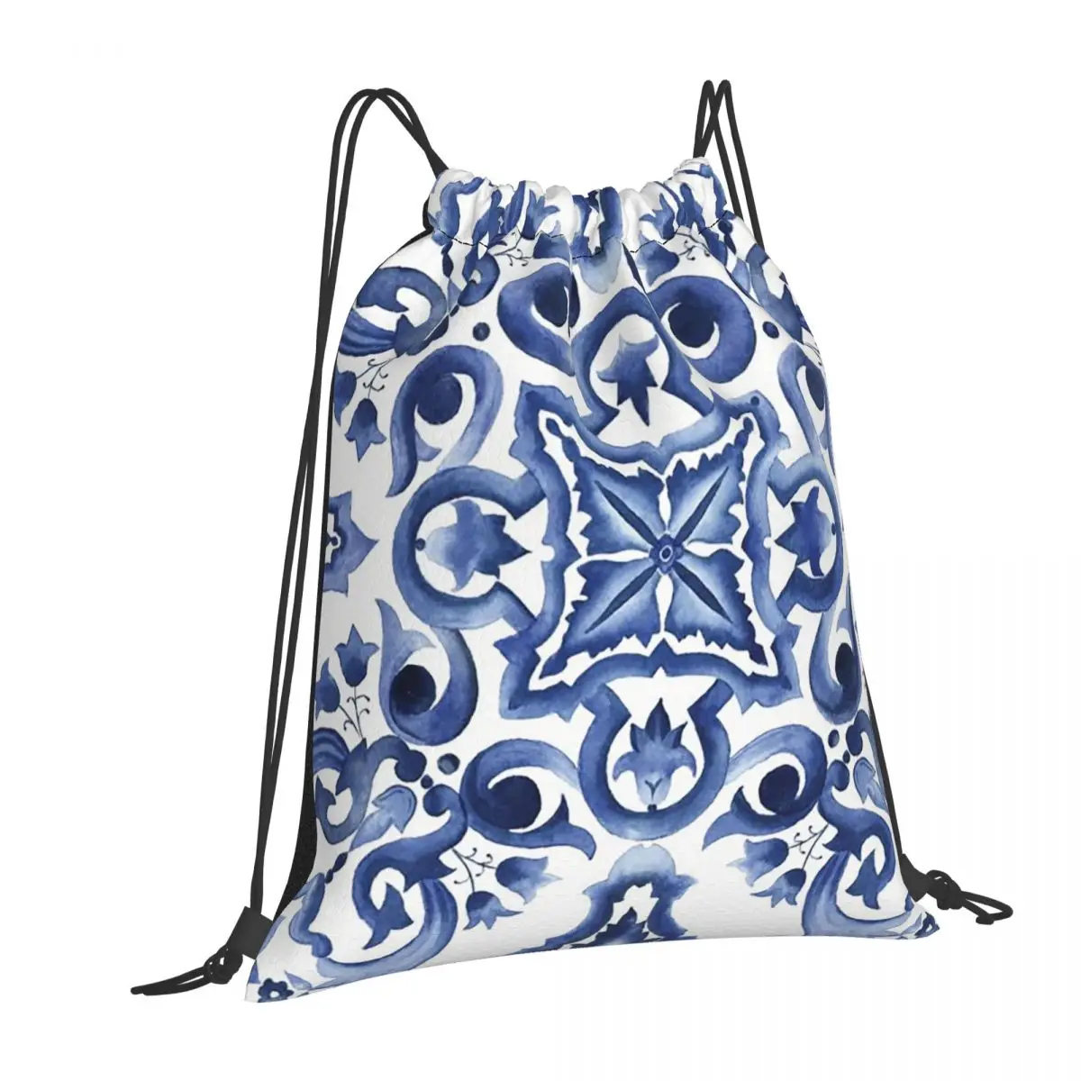 Blue Ornate Floral Mediterranean Sicilian Tile Backpacks Multi-function Drawstring Bags Sports Bag Book Bags for Travel School