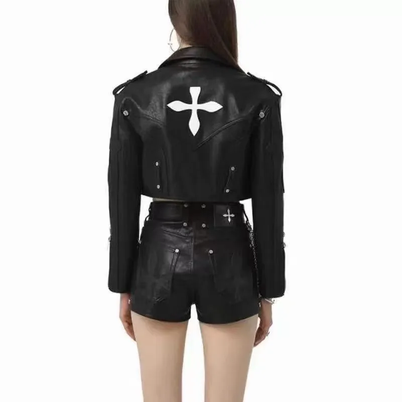 Fashion Cool Women Leather Jacket Cross Printed Bomber Jacket Streetwear Moto PU Outerwear Spring Short Leather Coat