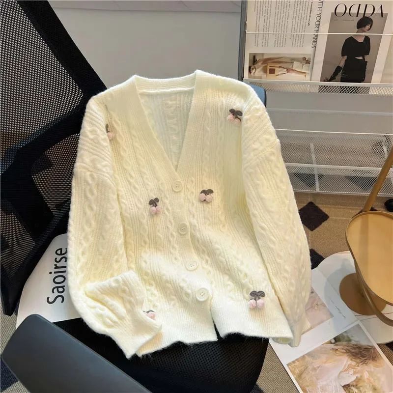 Cardigan Women Lovely Sweet Long Sleeve Single Breasted V-neck Korean Style Loose Gentle Students Knitted Sweaters Tops Daily