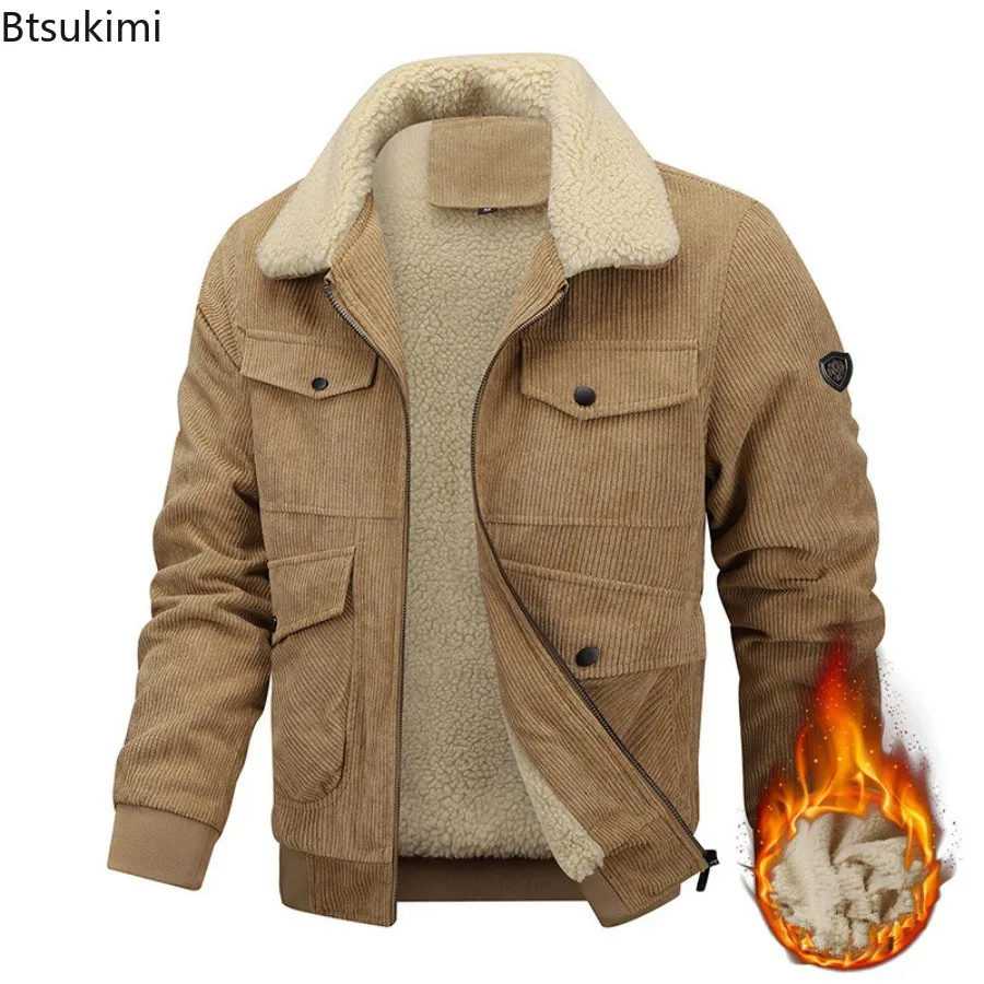 Man's Autumn Winter Flip Collar Coats Fleece Keep Warm Thickening Jackets Fashion Simplicity Pocket Solid Cotton Clothes Male