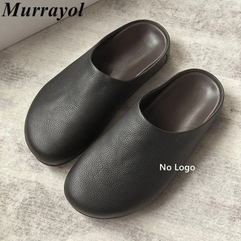 

Мюли, тапочки для отдыха из натуральной кожи с круглым носком и закрытым носком, весенне-осенние женские однотонные полутапочки в стиле ретро на плоской подошве