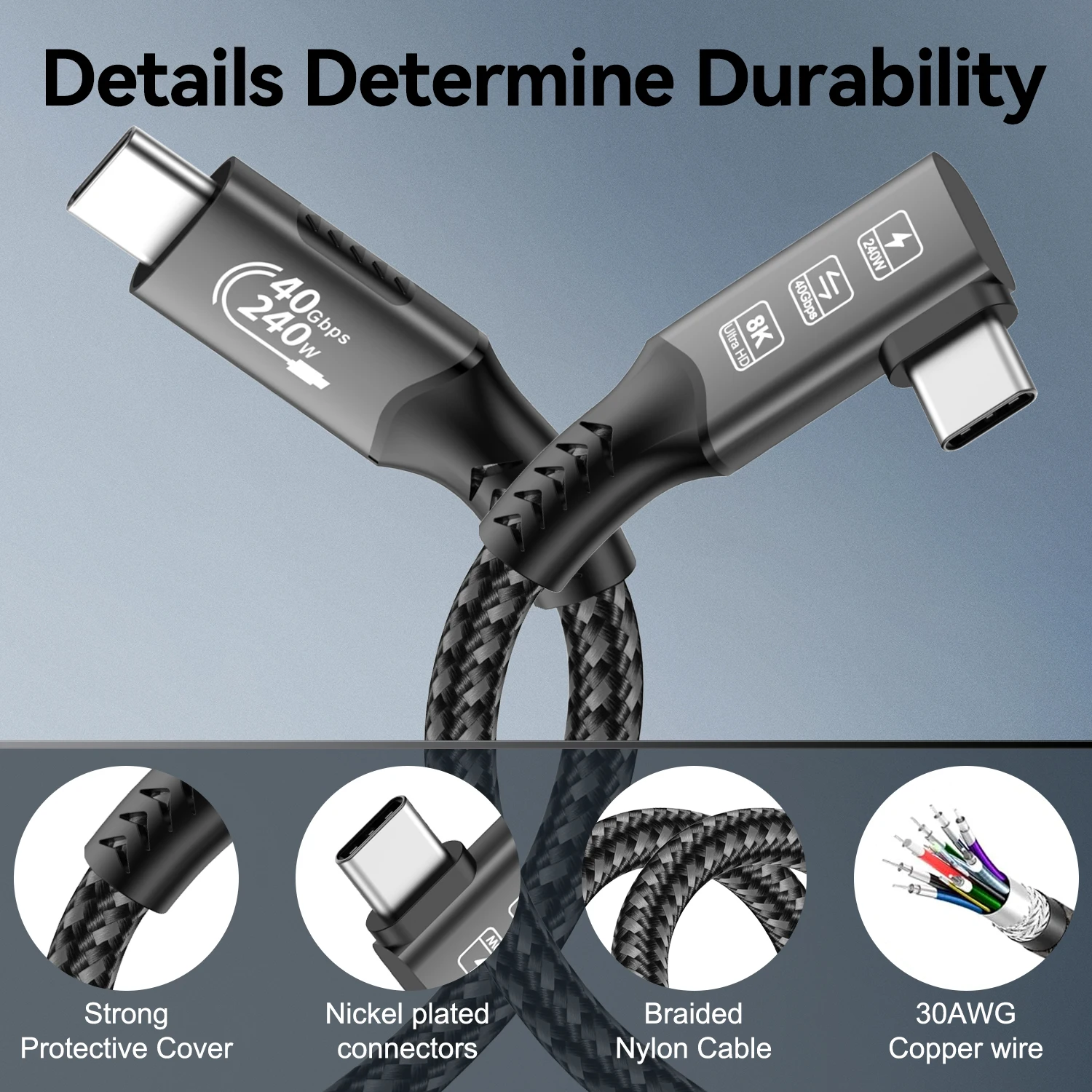 Elbow/Straight USB4 USB C toType C Cable 8K@60hz 40Gbps PD240W Fast Charging for iPhone16/15 iPad Macbook Thunderbolt4