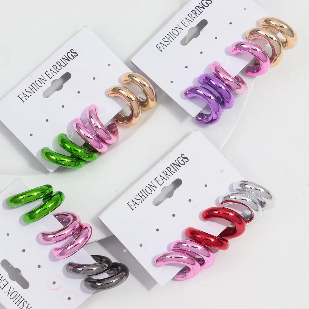 New 3pair/set Acrylic Small Circle Y2K Hoop Earrings for Women Smooth Metallic Color C-Shaped Huggies Earring Retro Jewelry Gift