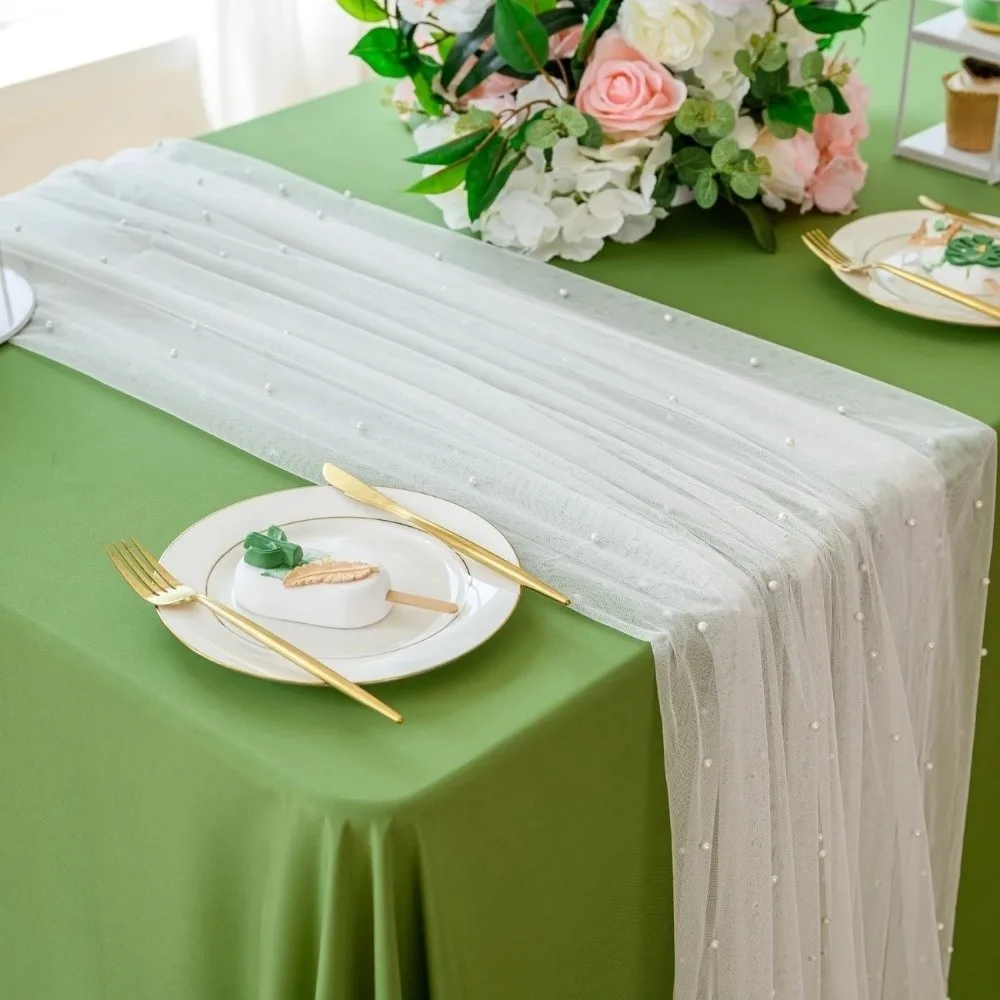 0.75*3M Table Flag Semi Transparent Pearl Tulle Table Runner Sheer Drapes Gauze Mesh Wedding Arch Drapes Festival Party