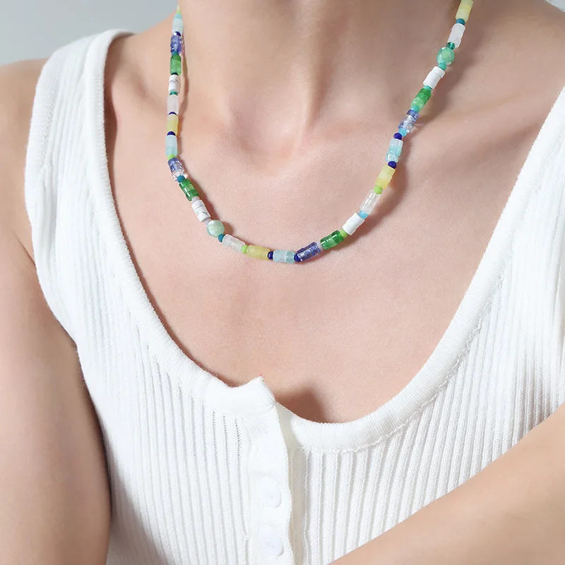 TOFFLO Stainless Steel Jewelry Colorful Natural Stone Handmade Beaded Necklace For Women's Fashionable Collarbone Chain BSP1656