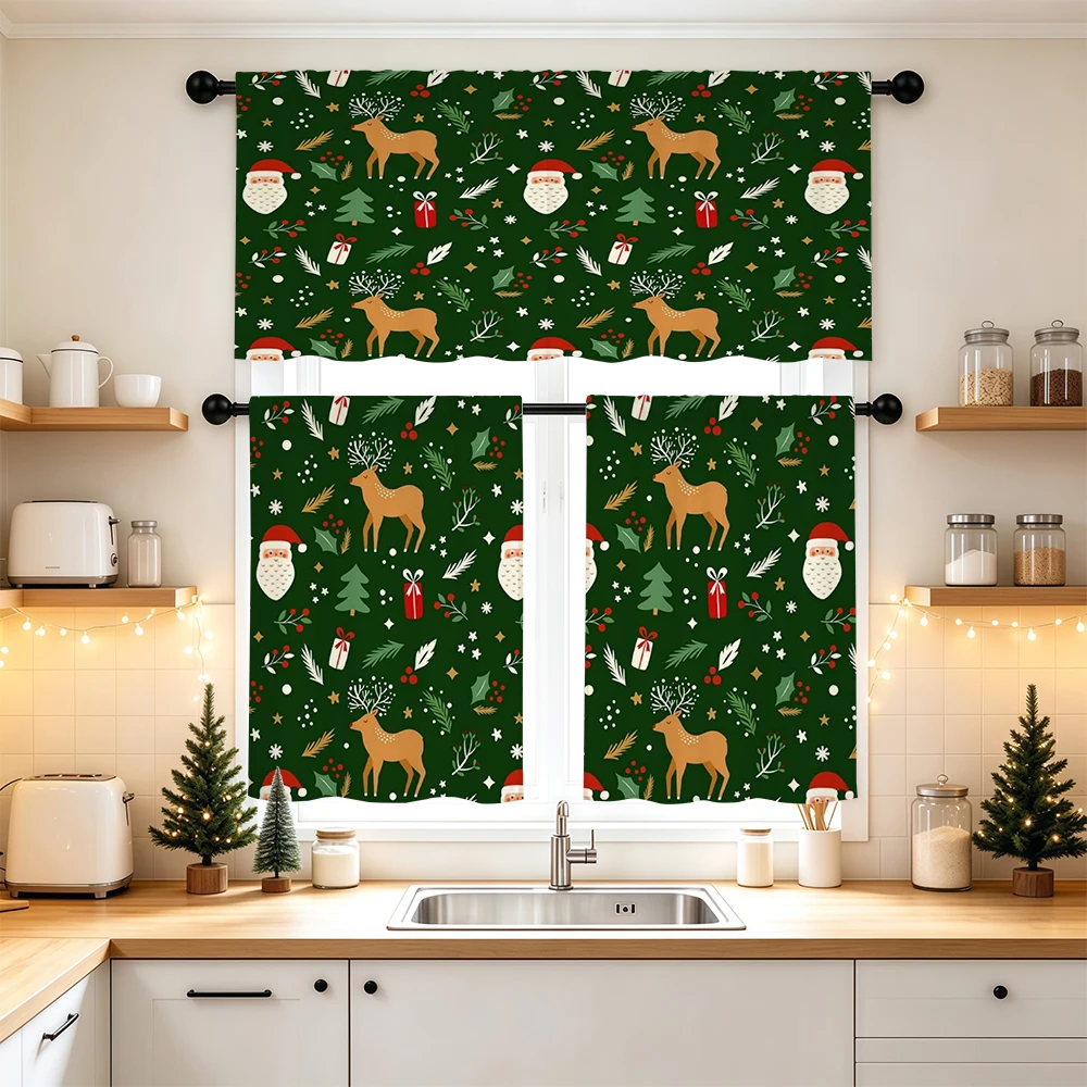 Christmas Kitchen Curtains, Reindeer Santa Head Holly, Digital Print, Kitchen Dining Room, Rod Pocket Polyester, Home Decor