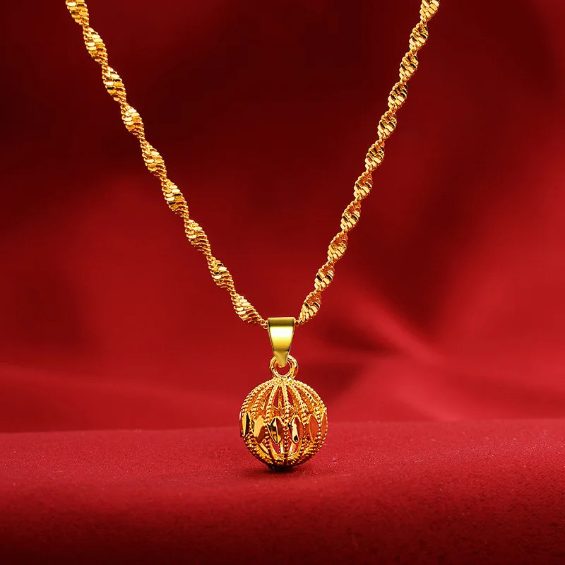 

New AU999 gold necklace for women exquisite beads hollow ball pendant 24K pure gold jewelry charm goddess clavicle chain