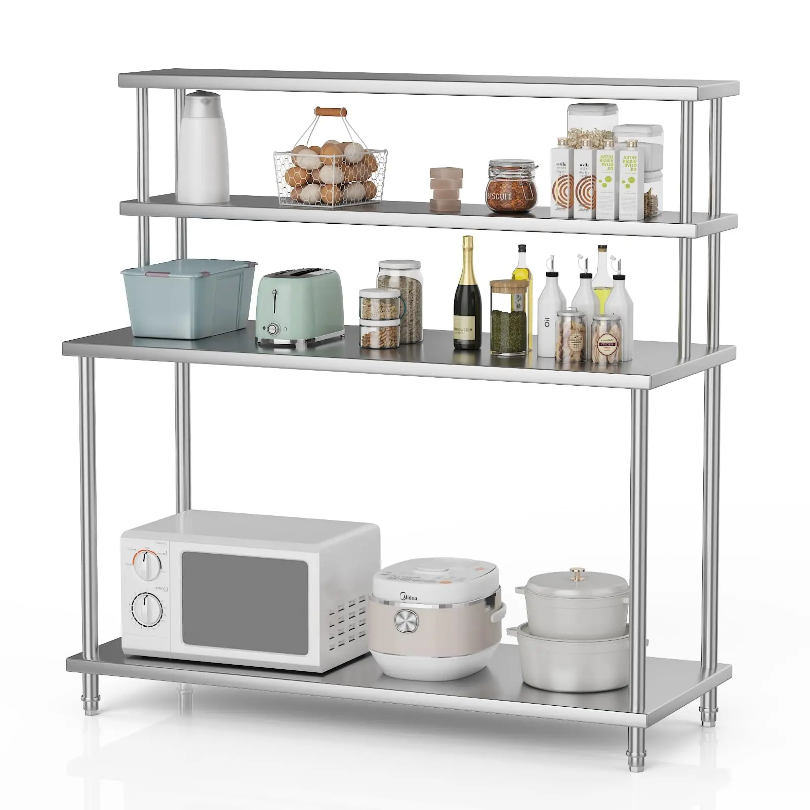 Heavy Duty 4-Tier Stainless Steel Work Table, 60x24 Inch Prep Station with Double Overshelves & Adjustable Undershelf for Commercial Kitchen, Restaurant, Laboratory, Warehouse, Home & Garage