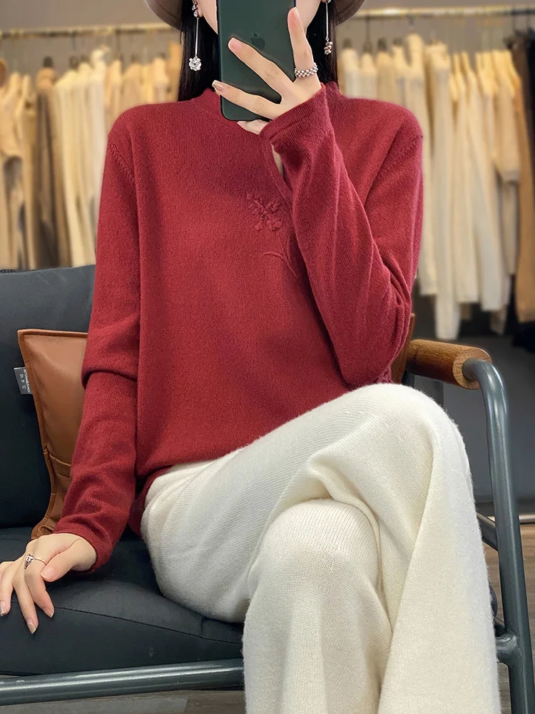 Women 100% Fine Wool Chinese Style Embroidered Knit Sweater Mandarin Collar Fall Winter Cardigan Pullover Tops Female Hanfu