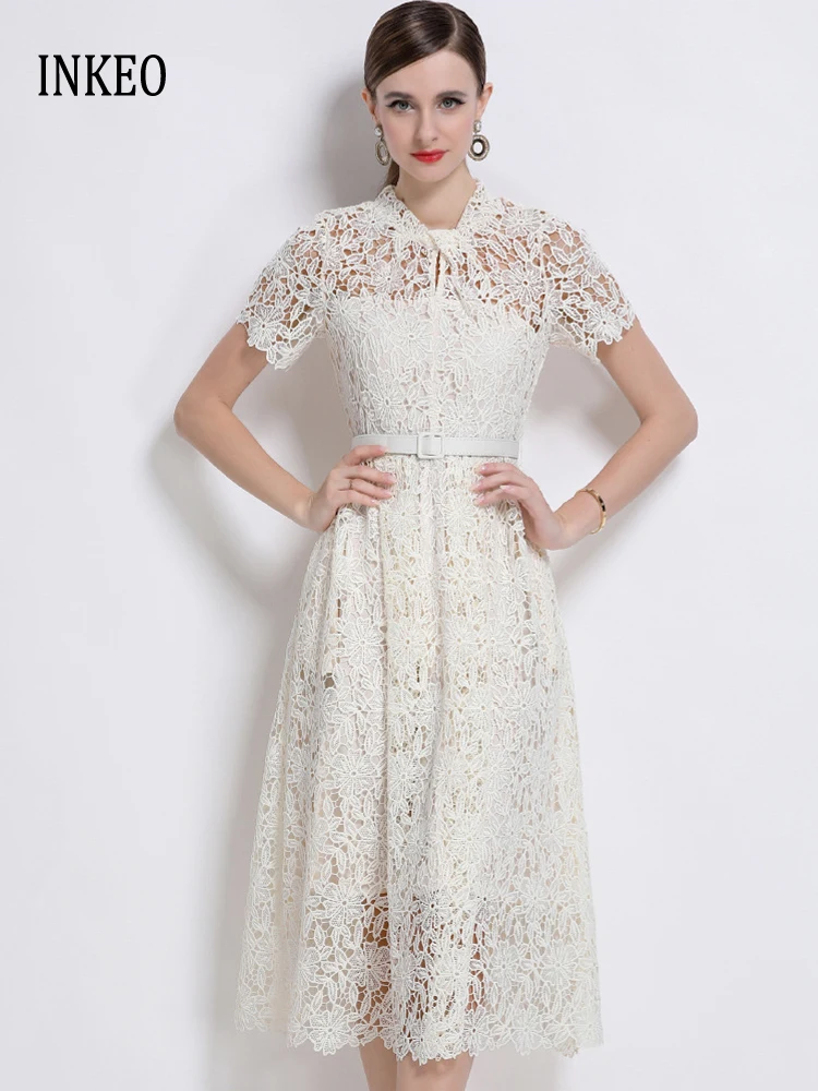 

2025 Summer Elegant lace hollow out midi dress with belt Beige High quality Short sleeve O-neck dresses Beach style INKEO 5D138