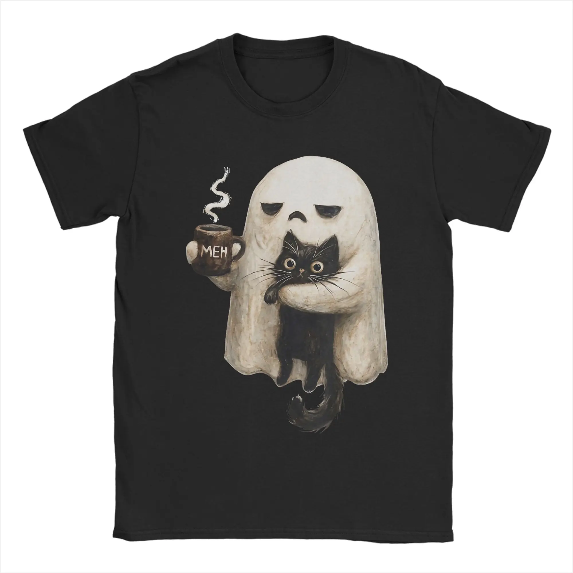 Harajuku T Shirt Retro Funny Boojee Ghost Holding Black Cat Cozy Hot Latte Popular T Shirts  for Male Short Sleeve Top Tees