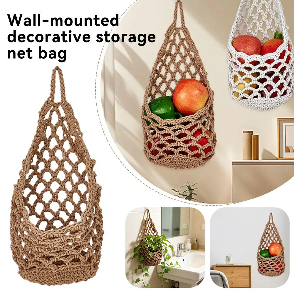 Boho Style Hand-Woven Macrame Hanging Fruit Storage Basket, Hand-Woven Cotton Wall Storage Net for Kitchen Vegetables & Plants