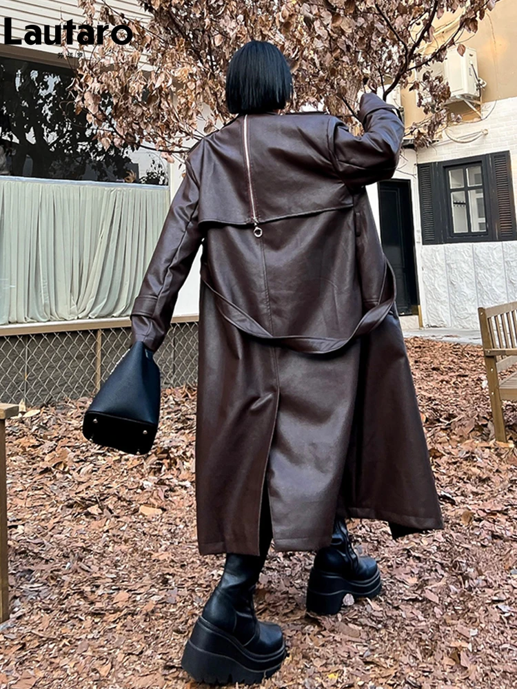 Lautaro-Long PU Leather Trench Coat for Women, Oversized, Double Breasted, Loose, Luxury Designer Clothes, Black, Brown, Spring