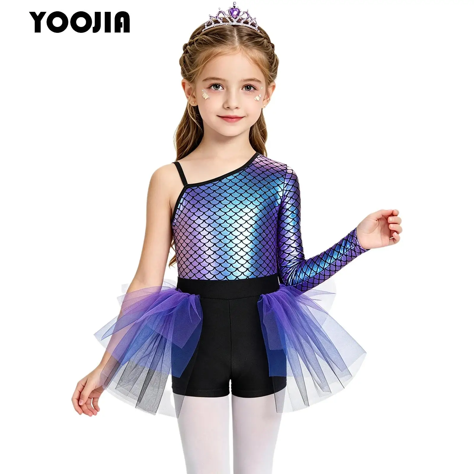 Kids Girls Mermaid Fish Scale Print Jumpsuit Princess One Shoulder Long Sleeve Metallic Tulle Skirted Ballet Gymnastics Leotard