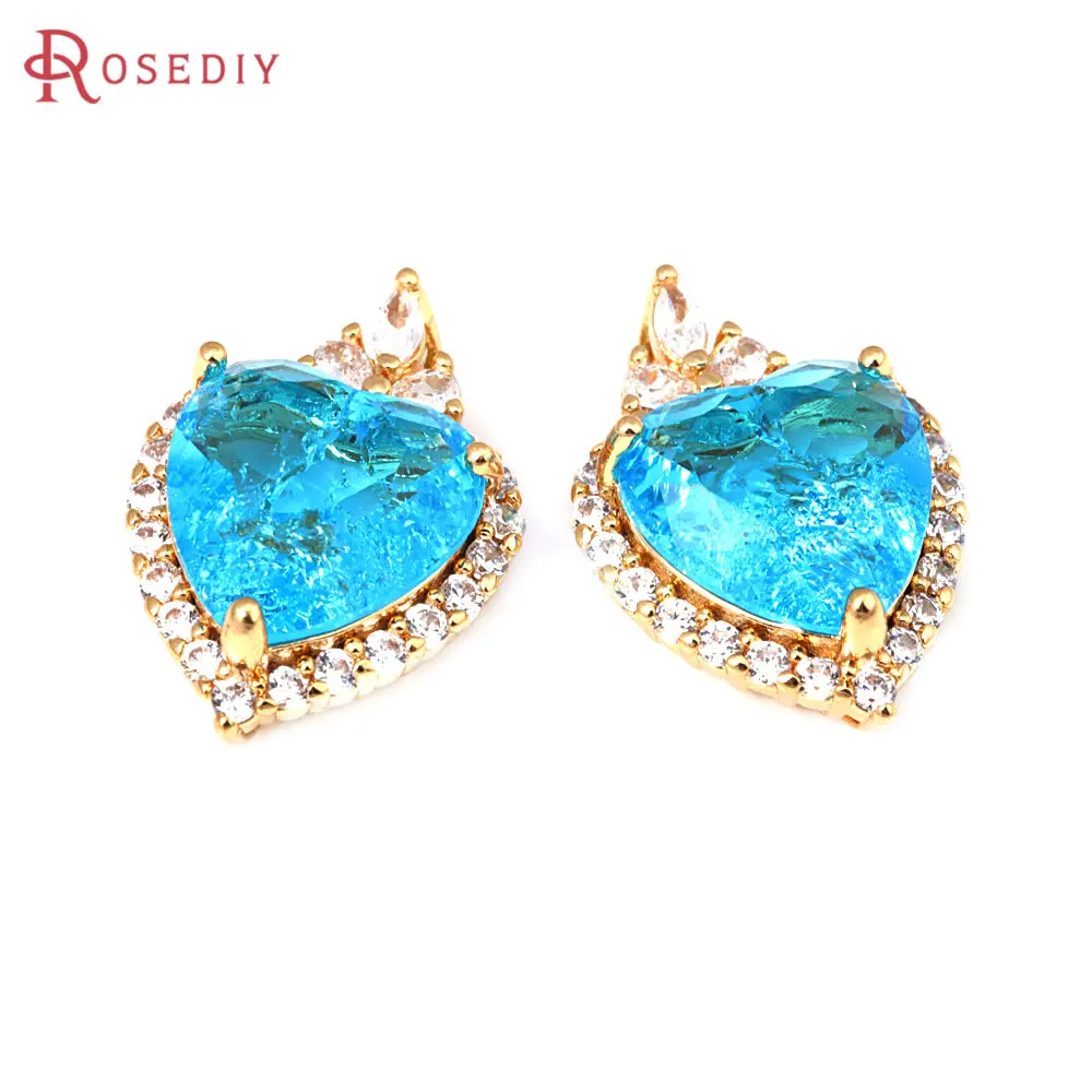 2PCS 18K Gold Color Brass and Zircon and Glass Heart Charms Pendants Diy Jewelry Making Supplies Necklace Accessories for Women