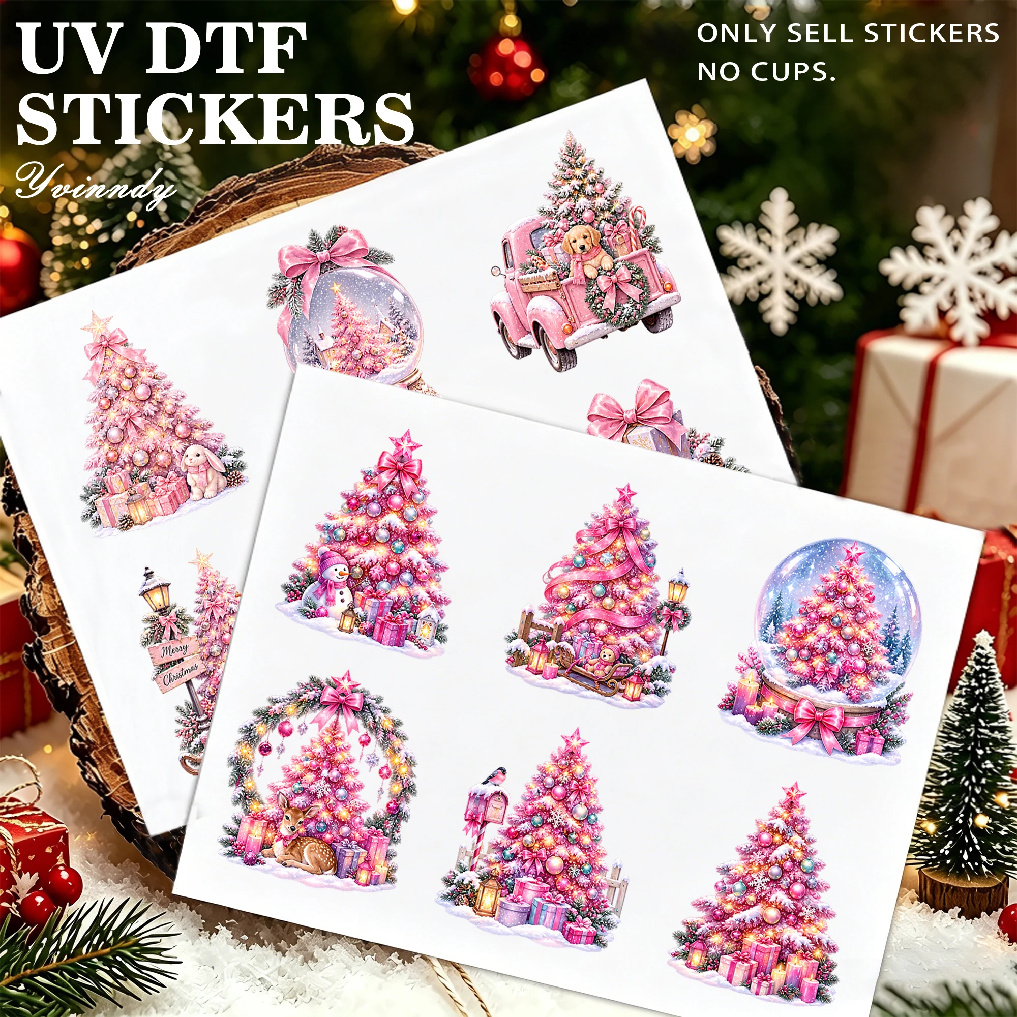 12Pcs/Set Pink Christmas Truck Christmas Tree DIY Glass Jar Packaging Stickers UV DTF High Self Adhesive Transfer Paper