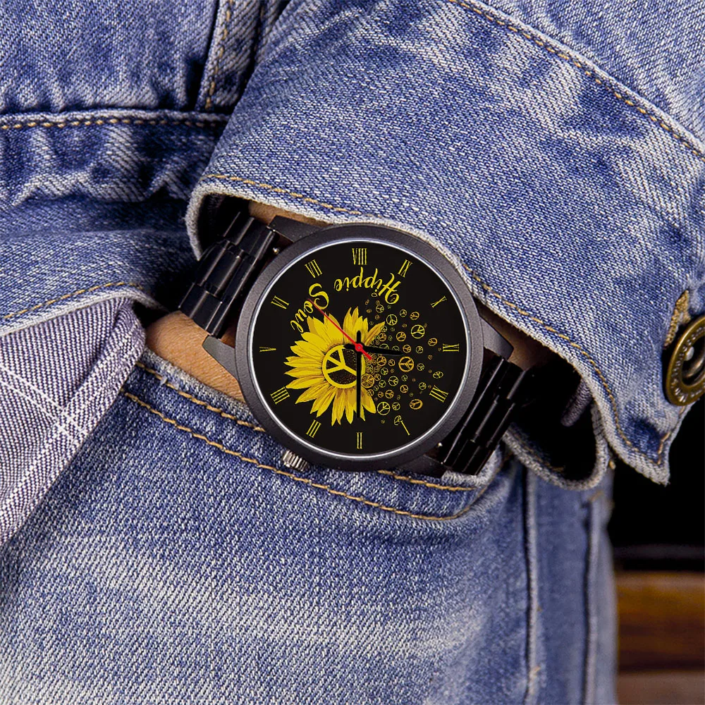 Hippie Soul Sunflower Design Silver Man Personality Watch Traditional Pointer Simple Fashion Watches Gift Black Rose Gold Case