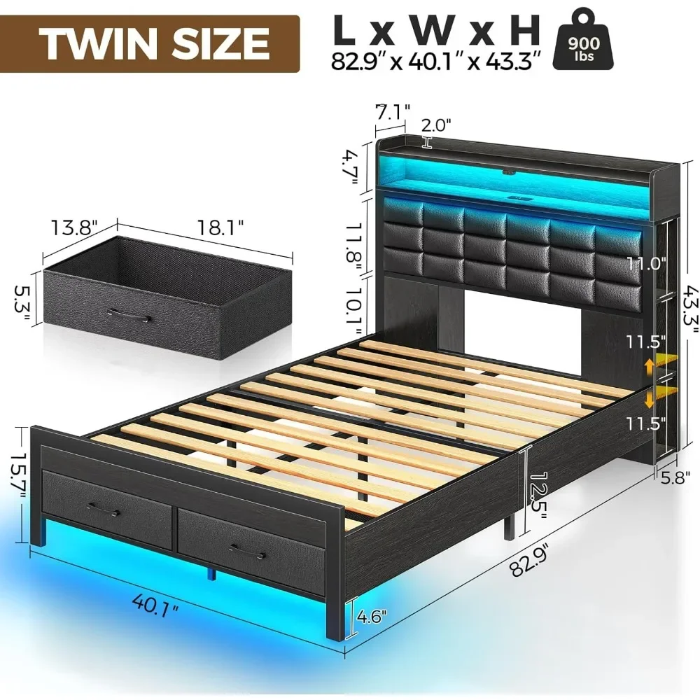 Bed Frame Twin Size with Storage Headboard and 2 Drawers,Upholstered Platform Bed with Charging Station,Heavy Duty Frame Support