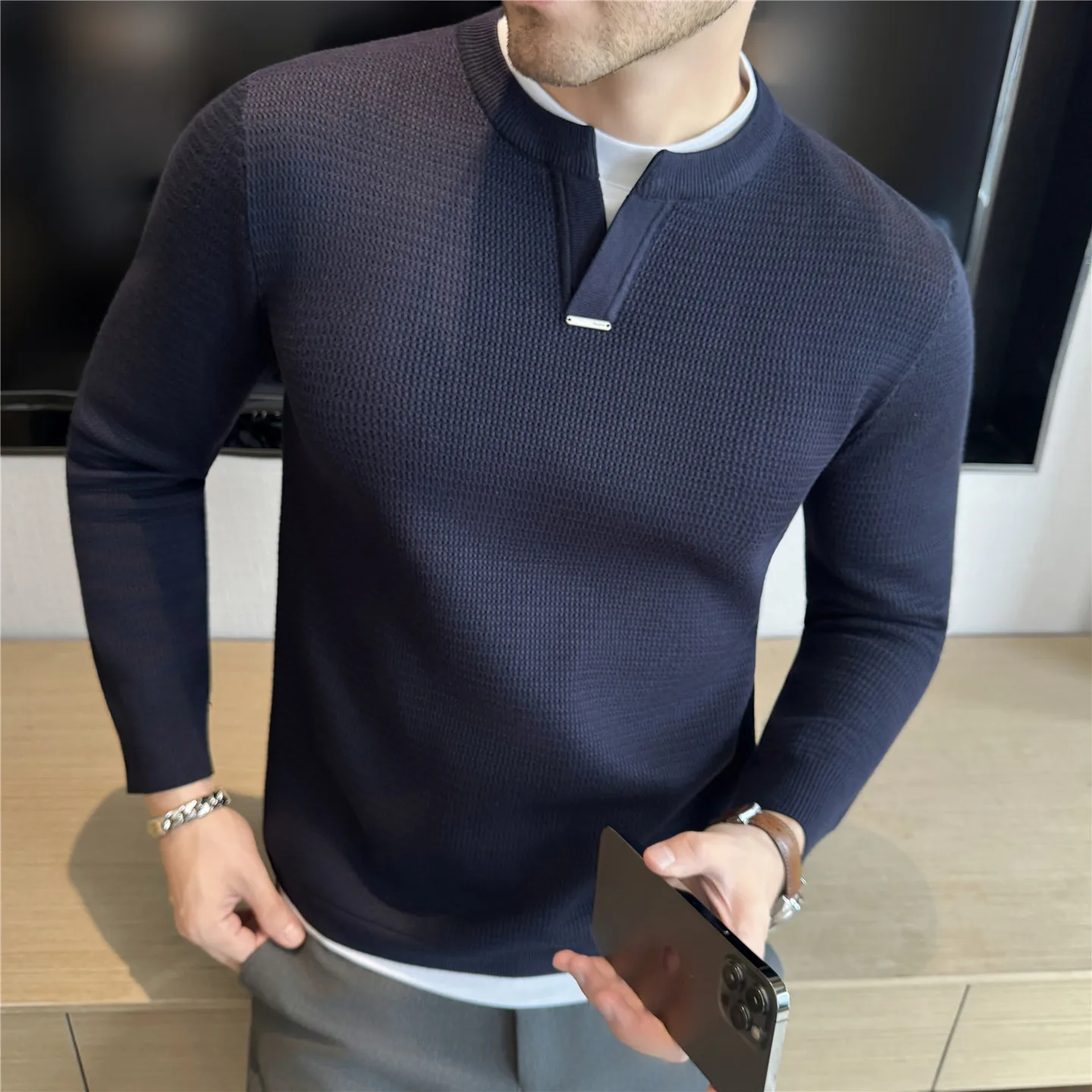 

Autumn Winter V-neck Knitted Sweater Men's Fake Two Piece Splicing Casual Knitted Sweater Versatile Business Social Pullover