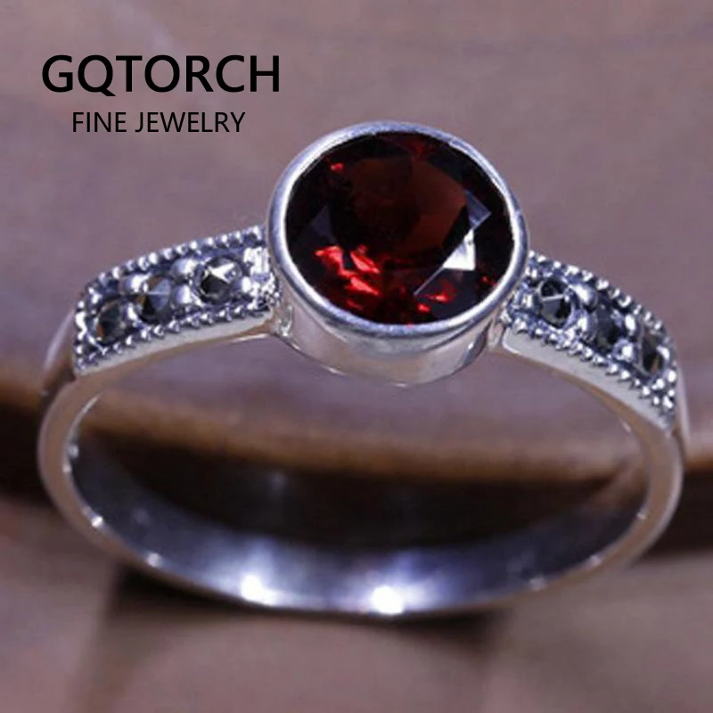 Real Pure 925 Sterling Silver Jewelry Vintage Thai Red Garnet Ring Natural Stone Rings For Women Antique Anel Feminino