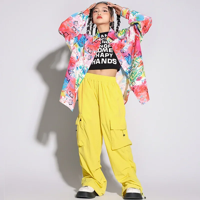 Costume de danse Hip Hop pour enfants, chemise imprimée teinte à manches longues, ensemble de pantalons de jogging pour filles, streetwear de danse jazz, vêtements de scène, salle de Rh