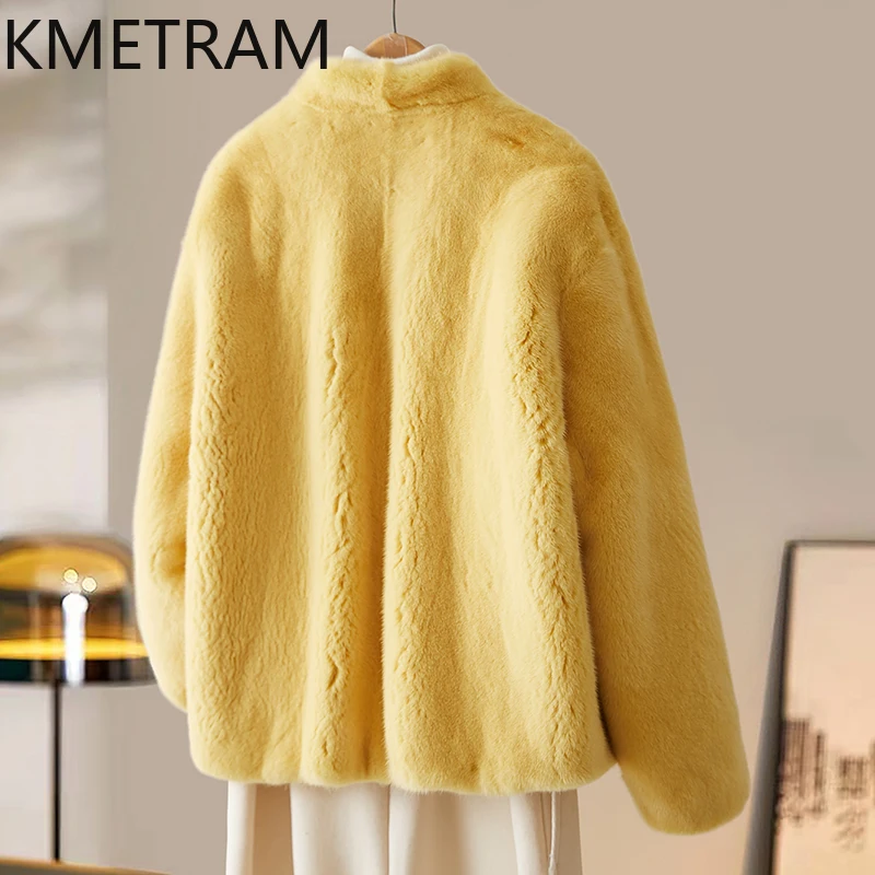 معطف فرو المنك الطبيعي امرأة فاخرة الأصفر الخامس الرقبة الفراء الحقيقي سترة عالية الجودة الشتاء النساء الملابس فروي جاكيتات 2025 Fourrure