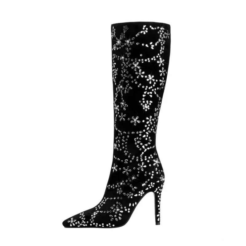 

2024 Black Rhinestone 10cm Thin Heel Knee High Boots 35-46 Pointed Denim Autumn Boots New 11cm Crystal Heel Fashion Paris Boots