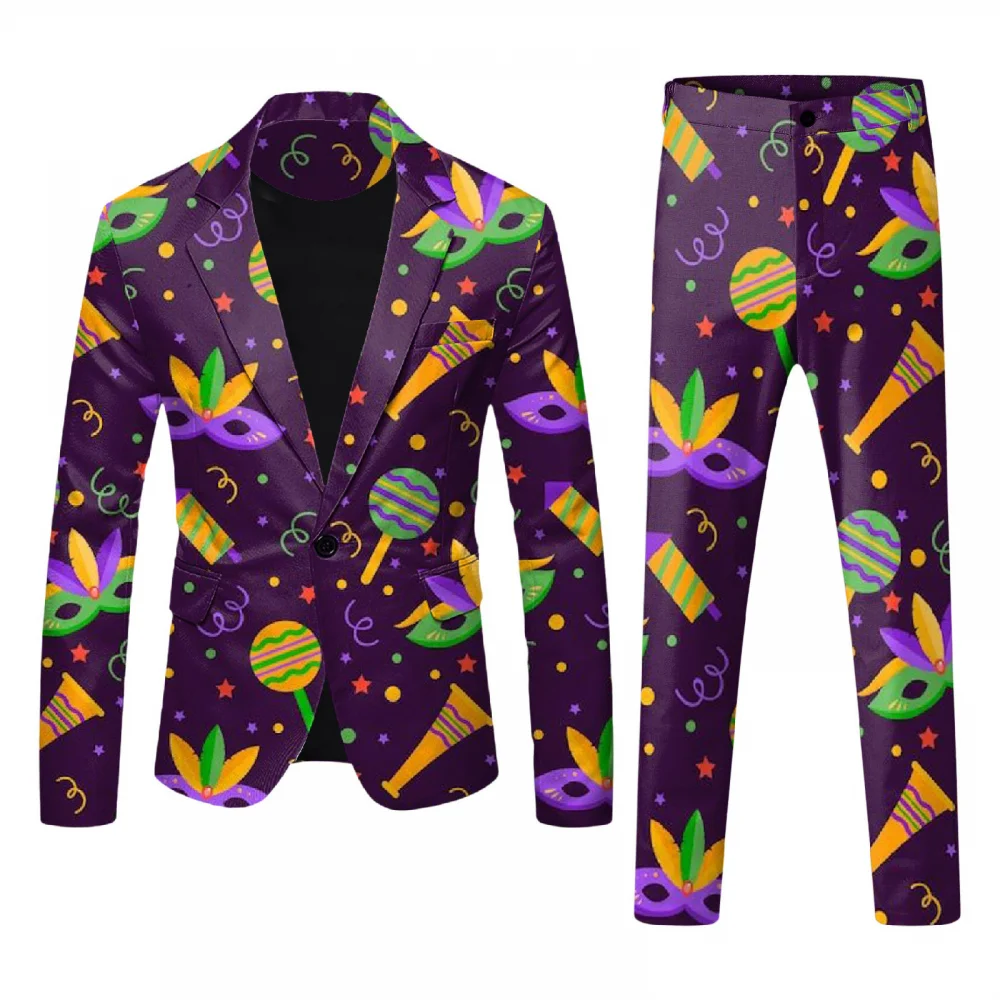 Mens 2 Piece Mardi Gras Casual Sweatsuits One Buttton Notched Lapel Party Floral Suit Jacket Dress Pants Suits Set