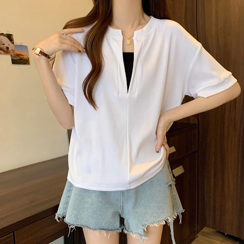 

Summer Fake Two Piece Women V Neck Short Sleeve T Shirt Breathable Korean Fashion Business Casual 2xl Oversized Tops Black White