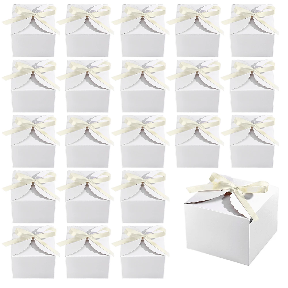 30pcs White Gift Box Elegant Paper Boxes Party Favors Box with Ribbon Treat Boxes Bridesmaids Wedding Proposal 4.7x4.7x3.5 Inch