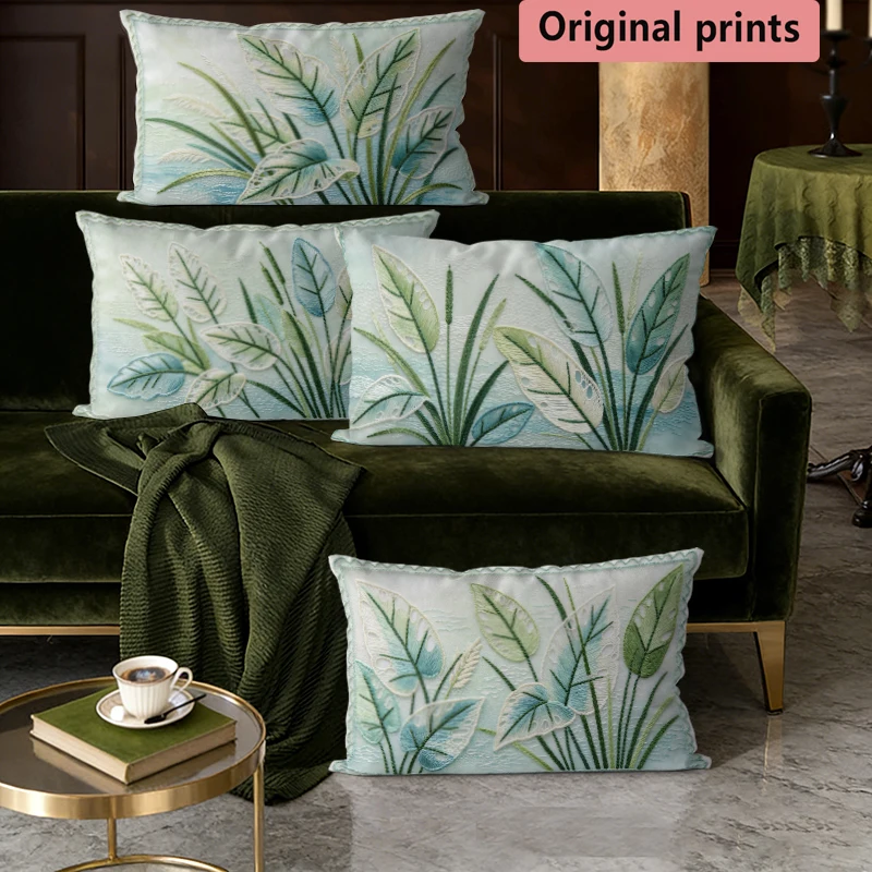 Tropical Leaf Embroidery Lumbar Pillow Covers Suitable For Sofa Bedroom Car Cushion Rectangular Back Cushion