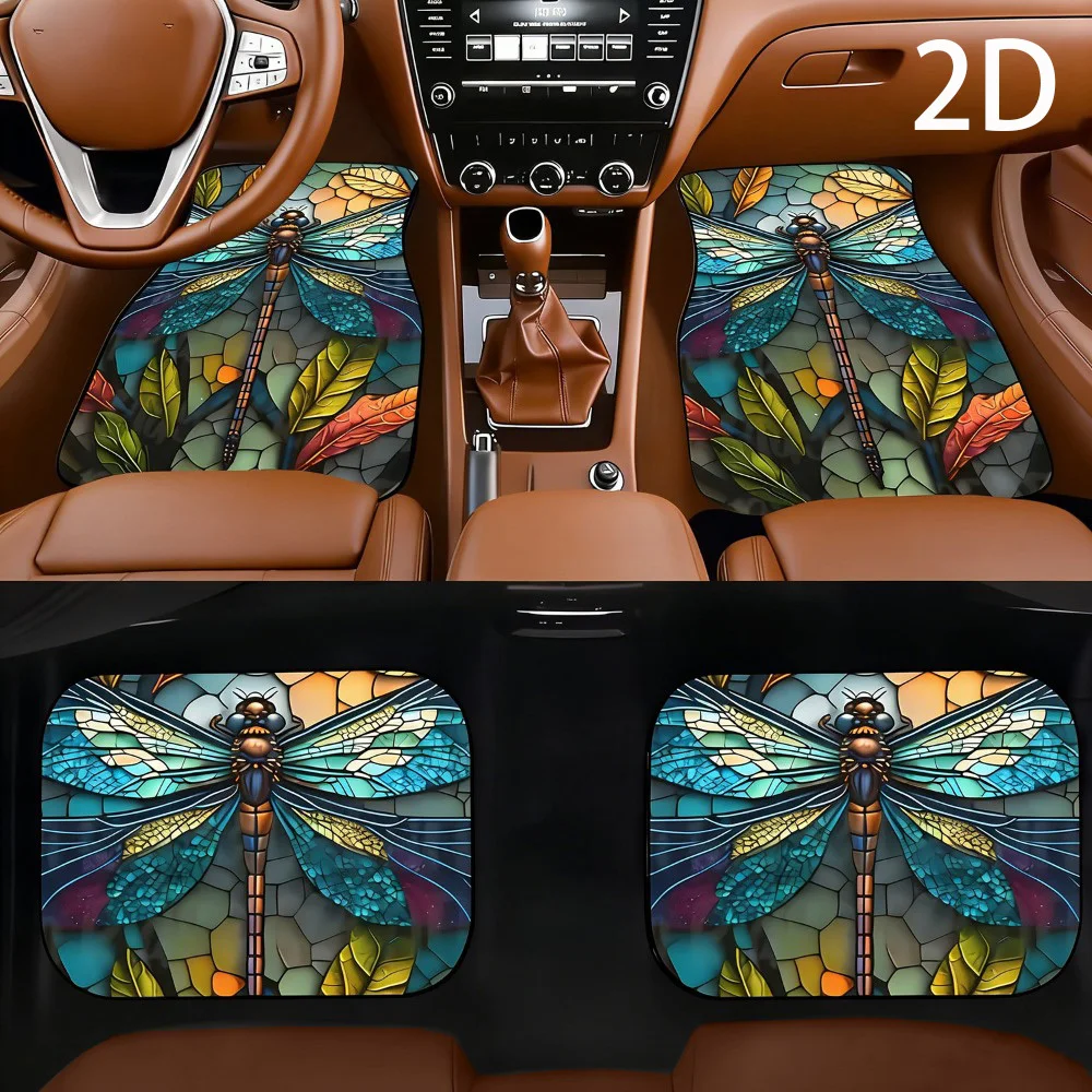 4pcs Set - 2D Flat Car Floor Mats, With Dragonfly Pattern, Universal Car Floor Mats, Suitable For All Seasons, Anti-slip, Anti-s