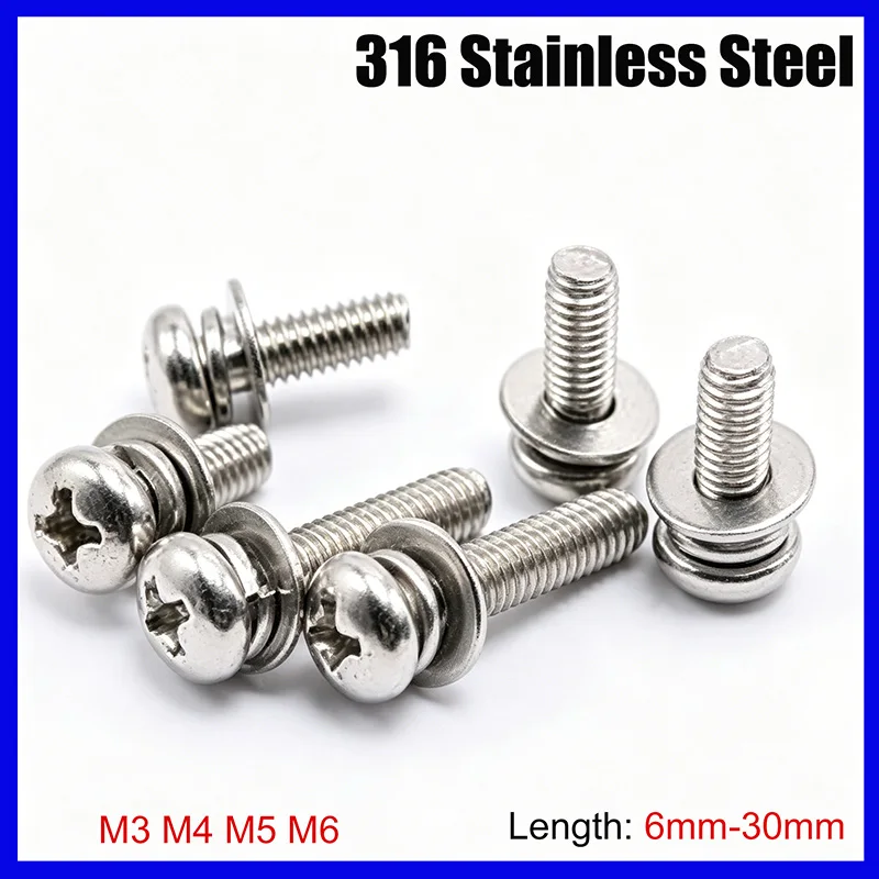 Leijiu 2-20pcs M3 M4 M5 M6 316stainless Steel Round- Phillips Combination Screws With Spring Washers Round Bolts Set